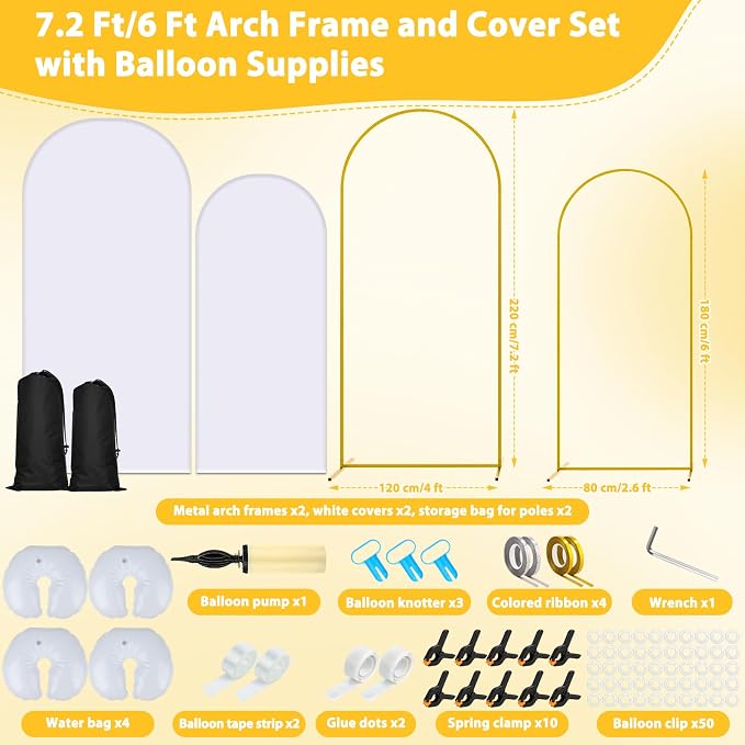 Metal Arch Backdrop Stand and Cover Set of 2, 7.2ft 6ft Gold Party Back drop Arch Stand with Spandex White Background Covers Balloon Garland Kit for Birthday Parties Wedding Ceremony Baby Shower Décor