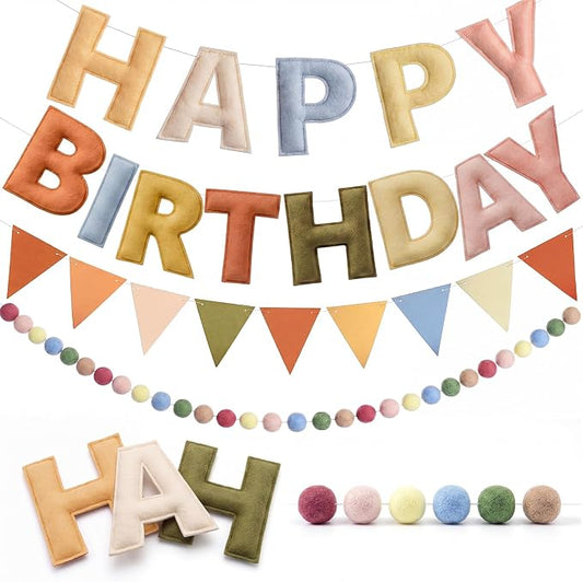 Pre-Strung Happy Birthday Banner Boho Reusable Felt Birthday Party Decorations 3D Effect HappyBirthday Sign with Felt Ball Garland, Pennant Flag for Men Women Boy Girls