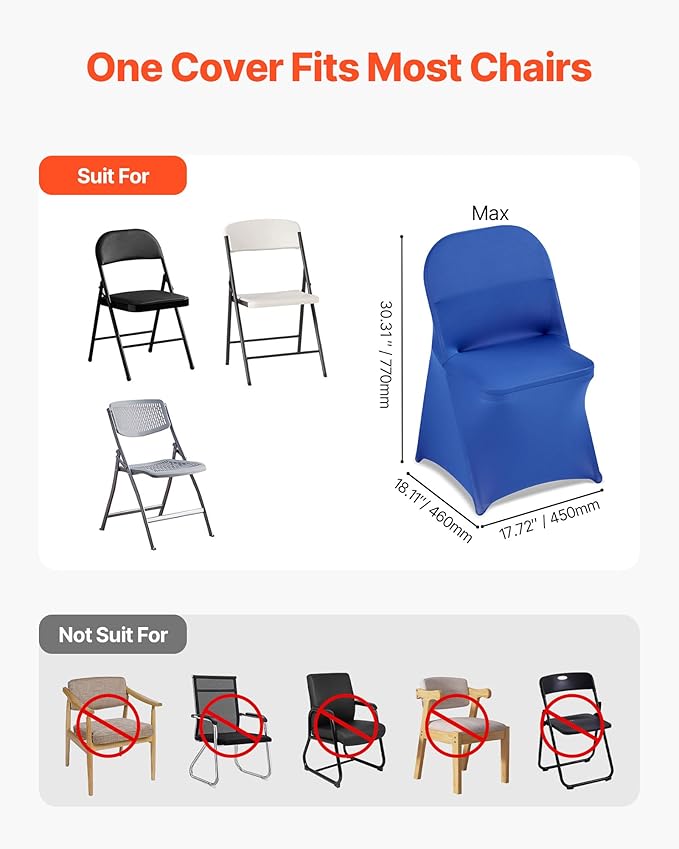 VEVOR Chair Covers, Polyester Spandex Chair Cover, Stretch Slipcovers for Wedding Party Dining Banquet Flat-Front Chair Covers (Royal Blue-c, 50PCS)