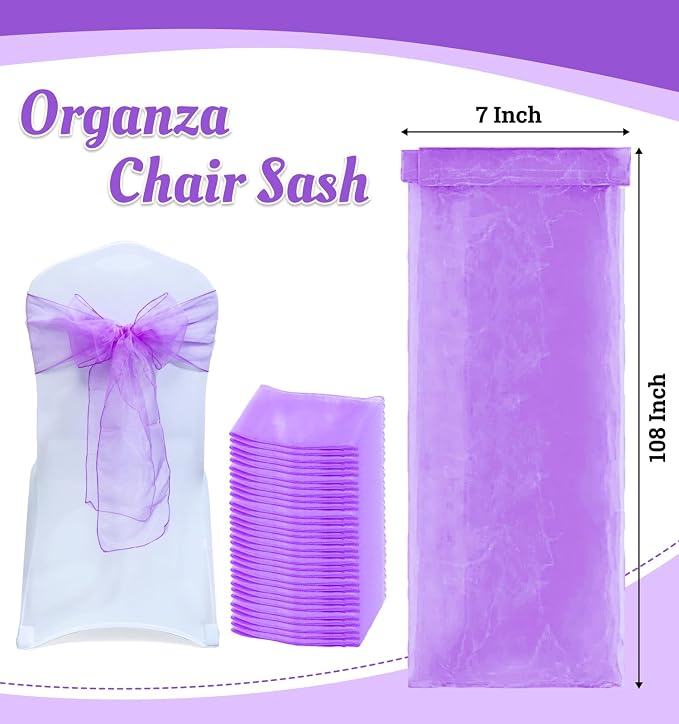MDS® Pack of 125 Organza Chair Sashes for Wedding Decoration, Reusable Sheer Chair Bows for Banquet Chair Cover, Reception, Bridal Shower, Baby Shower, Birthday Party & Special Events - Light Purple