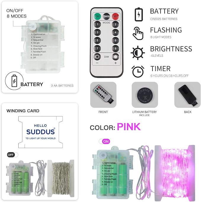 suddus Pink Valentine Day Fairy Lights Battery Operated, 66ft 200 LED String Lights with Remote & Timer, Waterproof Twinkle Lights for Bedroom, Romantic Wedding, Party, Indoor & Outdoor Decor