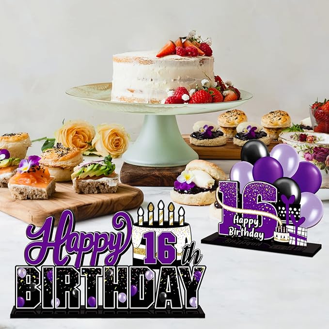 LINGTEER Happy 16th Birthday Purple Acrylic Table Topper Centerpieces Set - Cheers to Sixteen Years Old Birthday 16th Bday Party Gift Decorations.