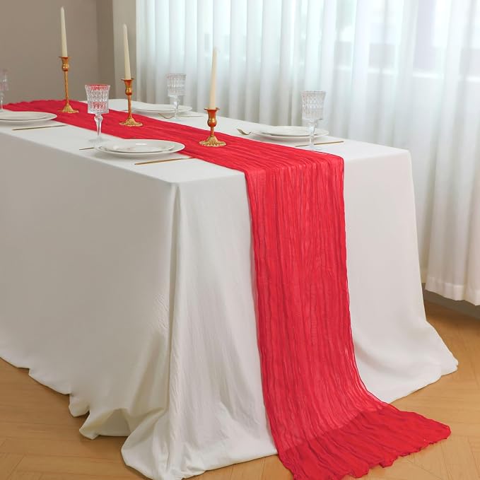 Snowkingdom 6 PCS Red Cheesecloth Table Runner 10 Ft, 120 inch Long Cheese Cloth Gauze Runners for Christmas Wedding Bridal Baby Shower Birthday Holiday Party Table Decorations