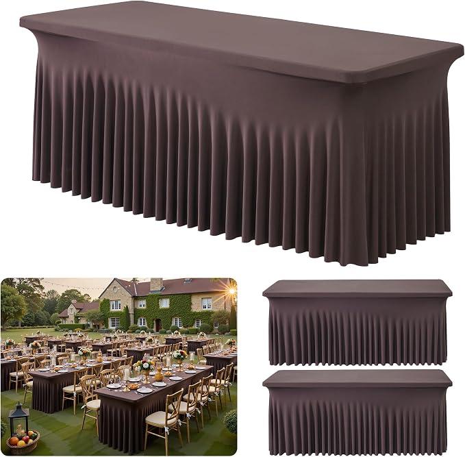 leegleri 2 Pack Brown Spandex Fitted Tablecloths for 6 Foot Rectangle Tables, Brown Stretch Table Cloth with Table Skirt, Wrinkle Free Spandex Table Covers 6ft for Parties, Weddings, Trade Shows