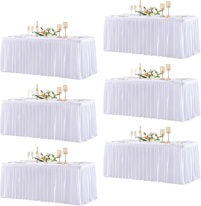Wish Care 6 Pack White Rectangle Table Clothes for 6 Foot Tables, Polyester Fitted Tablecloths 6ft Stretch Table Cover for Wedding, Birthday, Parties, Trade Show, Craft Show