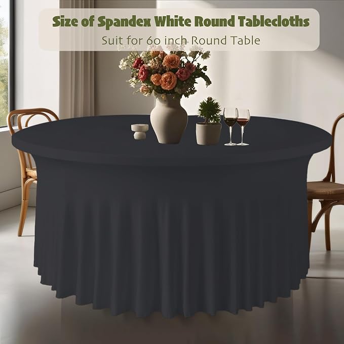 WJWHQ 10 Pack Black Round Spandex Tablecloths for 60in Tables, 120Inch Stretchy Fitted 5FT Round Table Clothes,Wrinkle Free Table Cover with Skirt for Wedding Party Dining Banquet