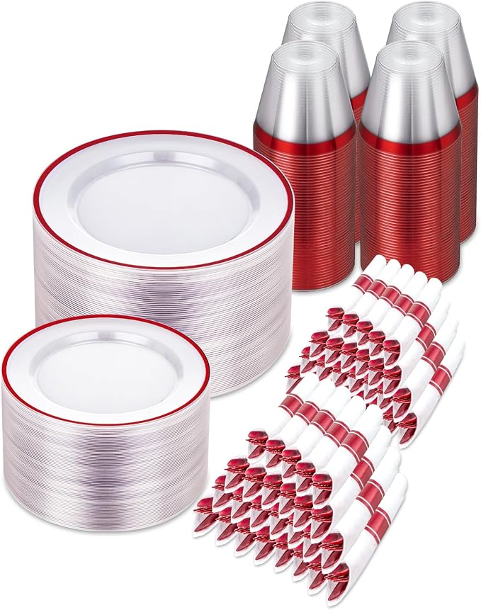 700PCS 4th of July Plastic Plates, Clear Red Disposable Plastic Dinnerware Set for 100 Guests, 200 Plastic Plates, 100 Cups, 100 Pre-Rolled Napkins with Cutlery for Party, Christmas, Birthday, Wedding