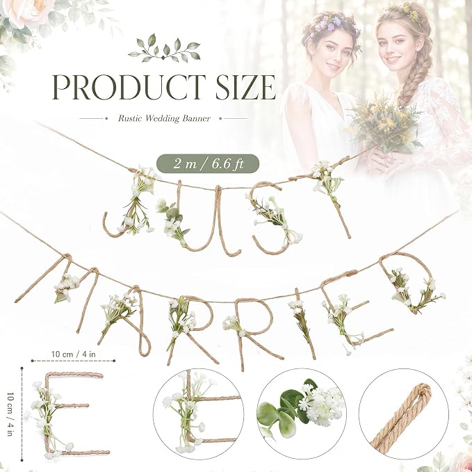 Norme Just Married Banner Baby's Breath Wedding Party Decorations Metal 3D Flower Just Married Photo Booth Props Signs Garland Backdrop Bridal Shower Reception Ceremony Car Decoration