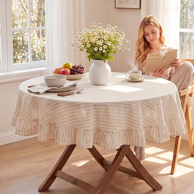 Boao Cotton 60 Inch Farmhouse Ruffle Tablecloth Beige White Striped Flounces Trim Table Cover for Round Table Kitchen Party Wedding Decor
