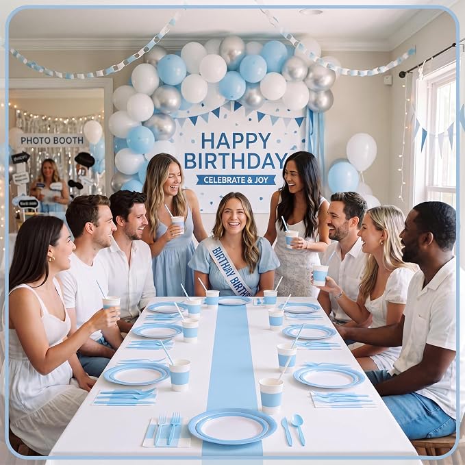 Funnymoom 452 Pcs Light Blue and White Party Supplies Serves 50 Guest, Baby Blue Paper Plates Cups Napkins Tablecloth Cutlery Straw Tableware Set for Baby Shower Birthday Wedding Party Decoration