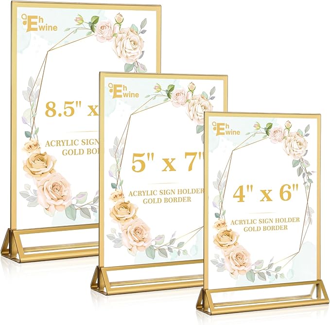 EHWINE 16 Pack Acrylic Sign Holder 8.5 x 11, Double Sided Gold Picture Frame Stand up Table Top Sign Holders, Clear Display Stand Menu Flyer Holder for Wedding Party (Provide Non-slip Mats)