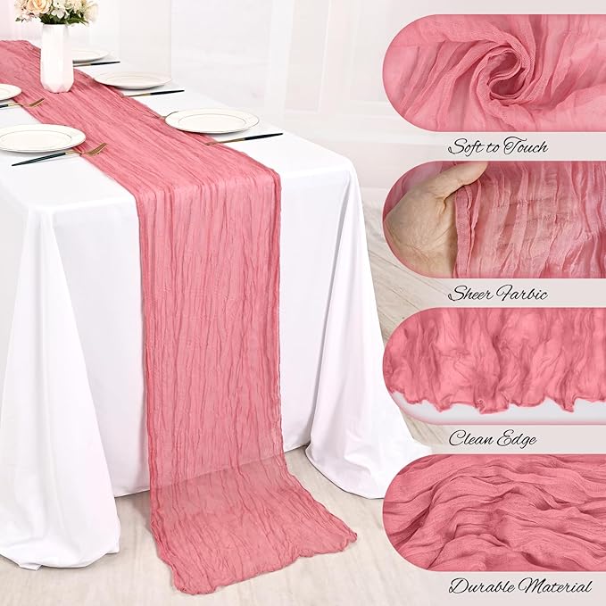 8 Pack Dusty Rose Cheesecloth Table Runner 10FT Boho Gauze Cheese Cloth Table Runner Rustic Sheer Fabric Table Runners for Wedding Bridal Shower Baby Shower Party(21.5×120 Inch)