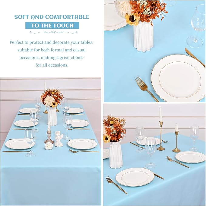 Showgeous 4 Pack Light Blue Tablecloths for 8 Foot Rectangle Tables 60 x 126 Inch, 8ft Rectangular Washable Polyester Table Cover for Wedding Party Banquet