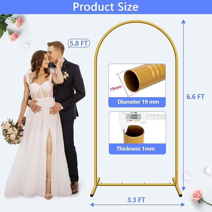 6.6 ft Arch Backdrop Stand, Metal Wedding Arch Stands for Party, Birthday, Wedding, Bridal Shower, Baby Shower Gold