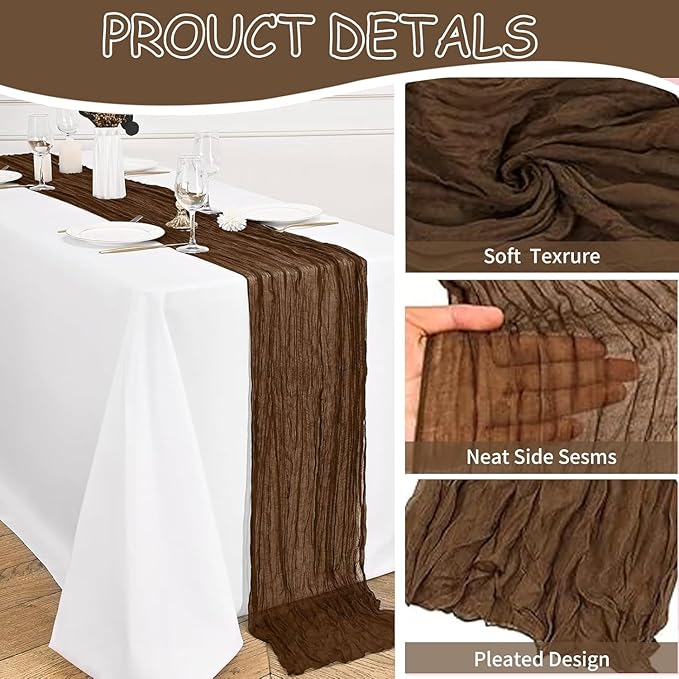 10 Pack Brown Cheesecloth Table Runner 10FT Boho Gauze Fabric Cheese Cloth Table Runners for Wedding ,Party,Baby Shower, Bridal Party, Rustic Farmhouse and Table Decorations