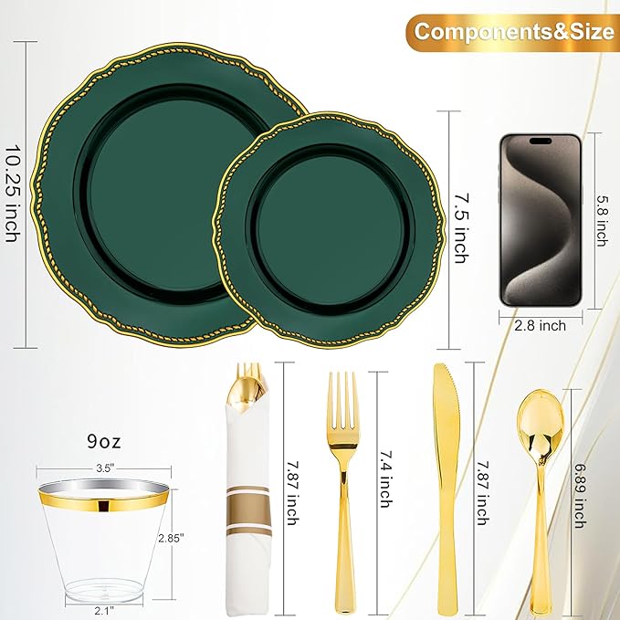 Hioasis 175pcs Green Gold Plastic Plates - Gold Plastic Dinnerware Set Includes 25 Dinner Plates, 25 Dessert Plates, 25 Gold Utensils, 25 Napkins Perfect for Wedding