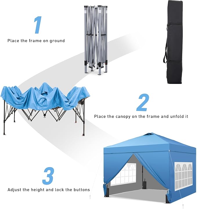 GDY 10x10 Pop Up Canopy Tent with 4 Sidewalls, Easy Set up, Outdoor Silver Coated Beach Gazebos, Carpas with 4 Sandbags, for Events, Parties,Camping,Blue.