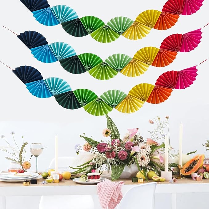 3 Pack Wedding Paper Fans Garland 15.6ft Colorful Background Ceiling Hanging Decorations Set for Birthday Party Supplies 3D Bachelorette Party Decorations (Rainbow)