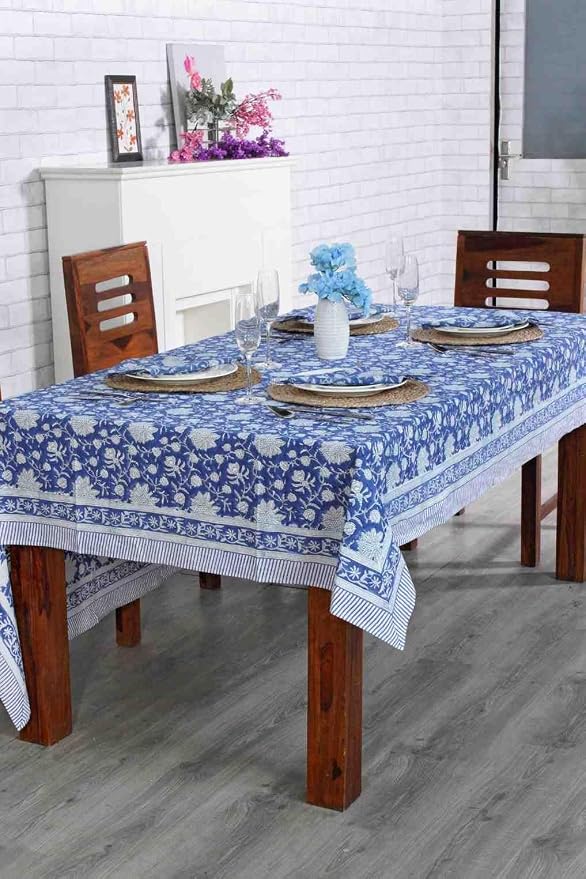 Ridhi Dark Blue Hand Block Print Cotton Rectangle Tablecloth 190" x 72" inches Reusable Table Cover Decorative Everyday Use for Dining Room, Farmhouse, Home Gift for Spring, Mother's Day