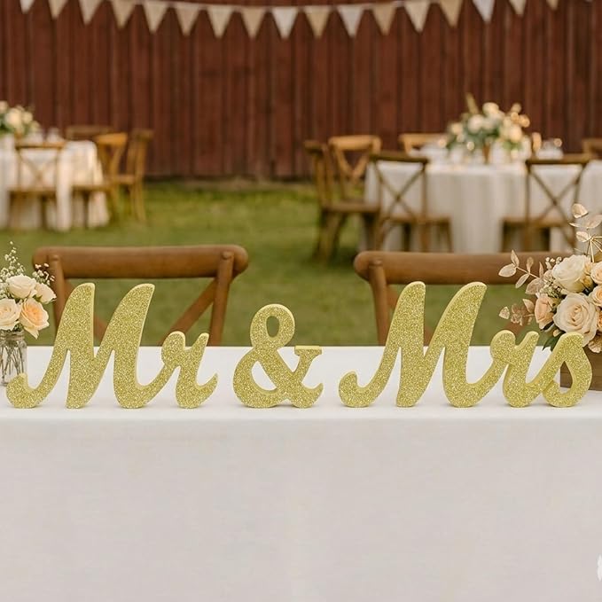 Mr & Mrs Sign for Wedding Table, Wedding Decorations for Reception, Large Wooden Letters Centerpieces Decor for Sweetheart Table, Ceremony, Anniversary, Party and Valentine's Day(Golden)