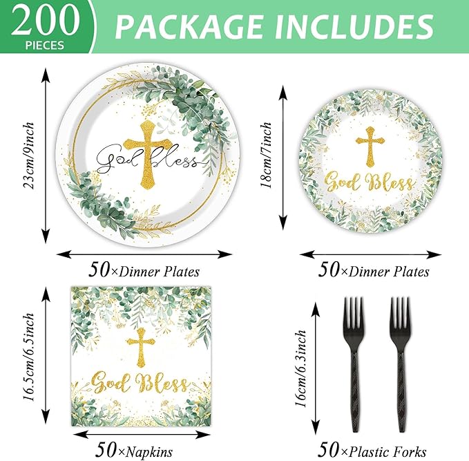 Naozinebi 200Pcs God Bless Baptism Plates Napkins First Holy Communion Party Tableware Set Christening Ceremony Dinnerware Confirmation Paper Plates for Mi Bautizo Baby Shower Decor Supplies Serve 50