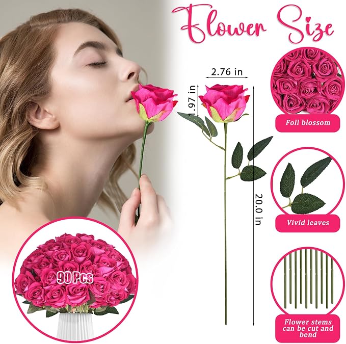 90pcs Fake Hot Pink Roses Artificial Flowers Bulk Realistic Silk Faux Rose with Stems for Wedding Decoration Anniversary Bridal Bouquet DIY Floral Arrangement Romantic Home Decor Gifts