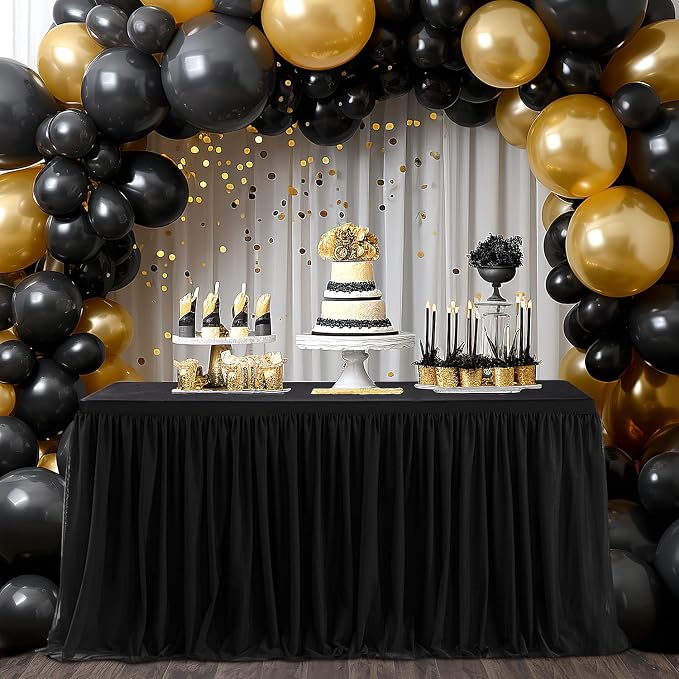 2 Pack Black Tulle Tablecloth Table Skirt for 6 Foot Rectangle Tables Birthday Table Cloths Ruffle Tutu Table Skirt Stretch Fitted Table Covers for Party Wedding Reception Baby Shower Banquet Decor