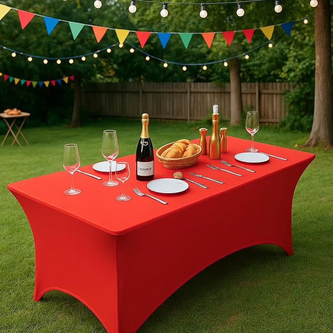 Fixwal 6 Pack 6Ft Red Table Cover, Spandex Fitted Tablecloths Rectangle, Wrinkle-Free and Stretch Folding Table Cloth for Banquet, Wedding, Party, Trade Show