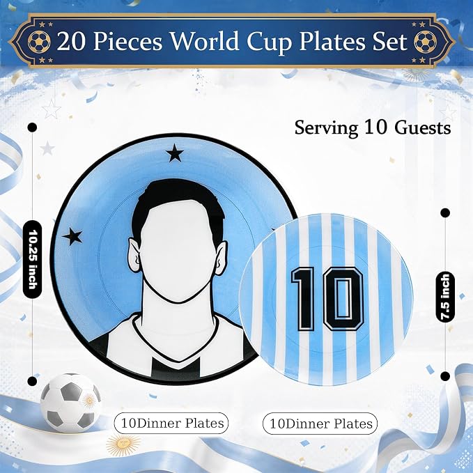 I00000 20 Pcs Blue Plastic Soccer Plates - Heavy Duty Disposable Plates for Global Soccer Celebration Party Supplies include 10.25" Dinner Plate& 7.5" Dessert Plate for Soccer Party