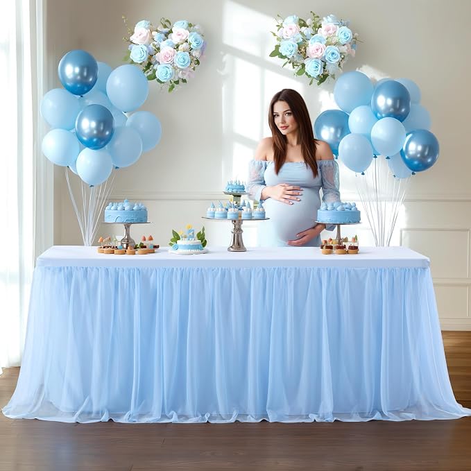 Baby Blue Tulle Tablecloth Table Skirt for 6 Foot Rectangle Tables with Ruffle Tutu Design for Wedding Reception Party Birthday, 4 Pack, 6ft Spandex Fitted Table Cover