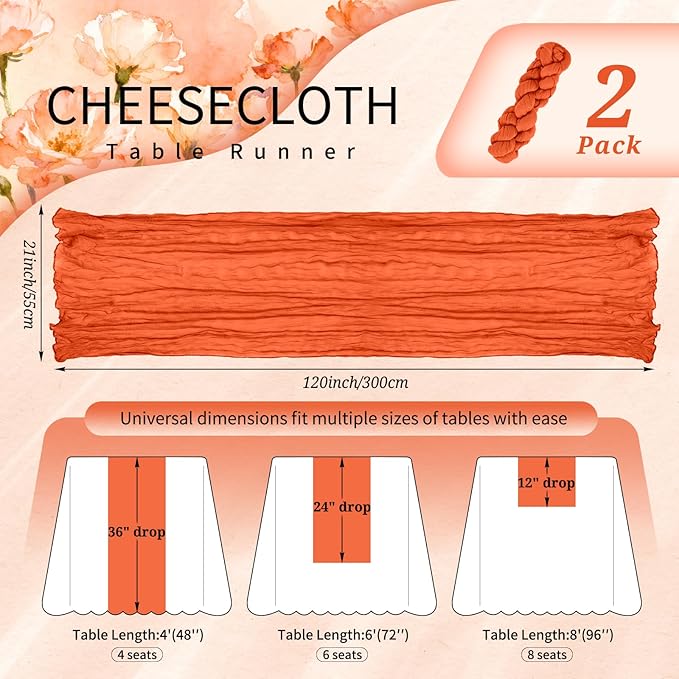 2 Pack Cheesecloth Table Runner 10FT Orange Table Runner Boho Gauze Cheese Cloth Table Runners Long Rustic Sheer Table Decorations for Wedding Party Baby Bridal Shower Birthday Holiday Home