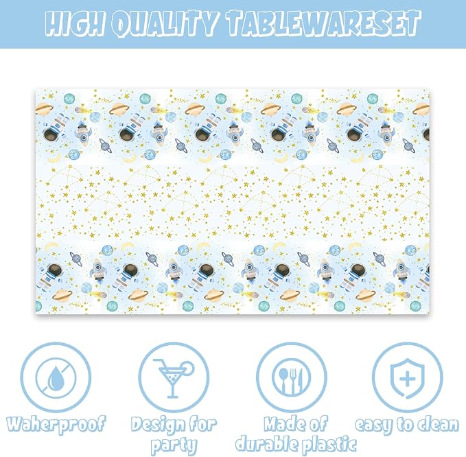 141Pcs Blue Outer Space Party Supplies for Baby Shower Birthday Party Decorations Moon Star Outer Space Planet Theme Plates and Napkins Forks Cups Straws Tablecloch Serves 20 Guests