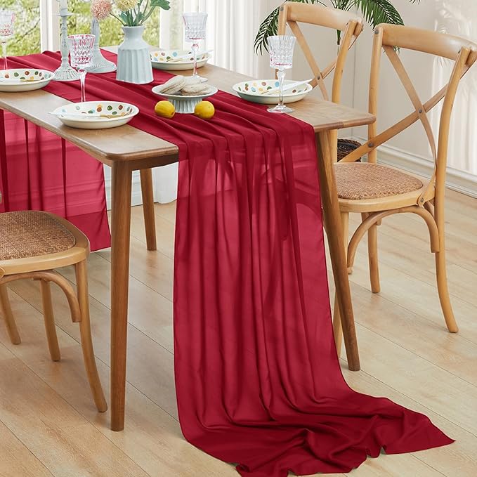 Horbaunal 12 Pack Burgundy Chiffon Table Runners 10FT Sheer Chiffon Runner 29x120 Inches Romantic Boho Rustic Table Runner for Wedding Party Bridal Baby Shower Table Decorations