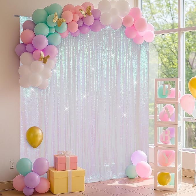 SquarePie 6x8ft Iridescent Sequin Backdrop for Photography, Satin-Backed Real Sequin Curtain, Enhanced Coverage Shimmering Background with 4" Rod Pocket for Wedding, Birthday, Party Decor, 1 Panel