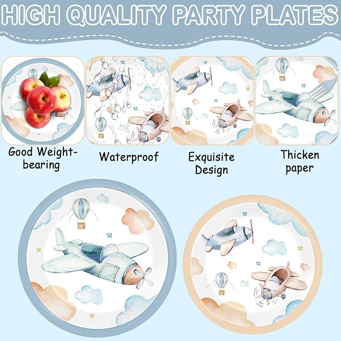 96Pcs Airplane Birthday Party Decorations Airplane Baby Shower Tableware Vintage Plane Plates Napkins Forks Disposable Aviation Theme Party Supplies for Baby Shower Kids Boys Girls Birthday Supplies
