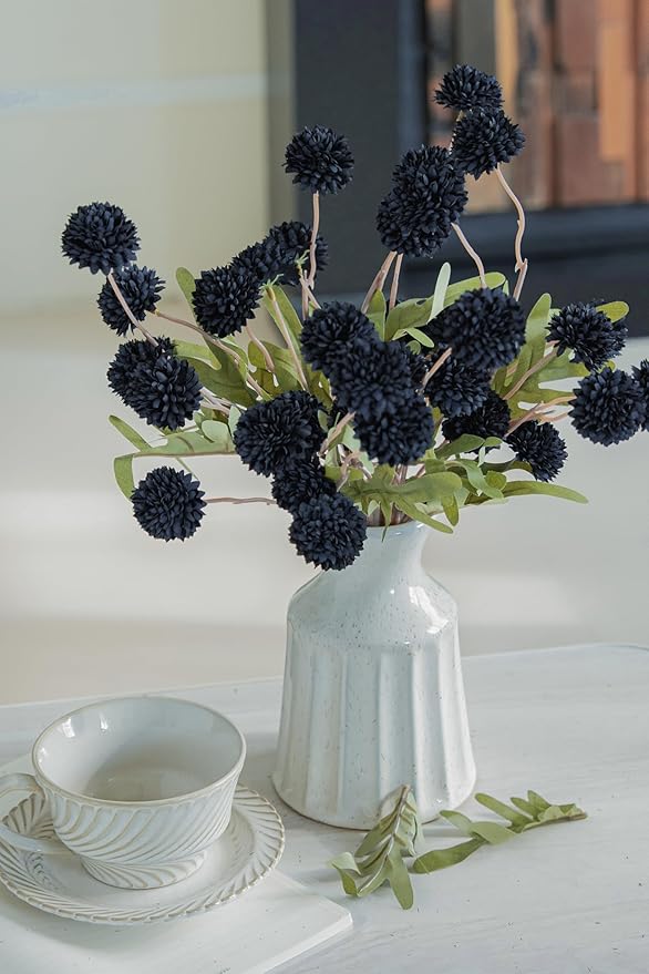 Laelfe Black Kiku Artificial Flower - 5 Pcs Fake Pompon Mums Silk Small Chrysanthemum Faux Ball Flower Stem Decor for Home Wedding Filler DIY Bouquet Centerpieces Arrangements Shower(Black)