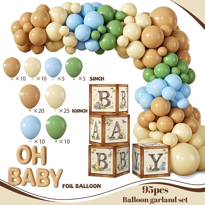 Bear Baby Shower Decorations, Neutral Baby Shower Decorations with Oh Baby Backdrop Banner Plates Napkins Bear Tablecloth Balloon Arch Box for 1st Boy Girl Birthday Party