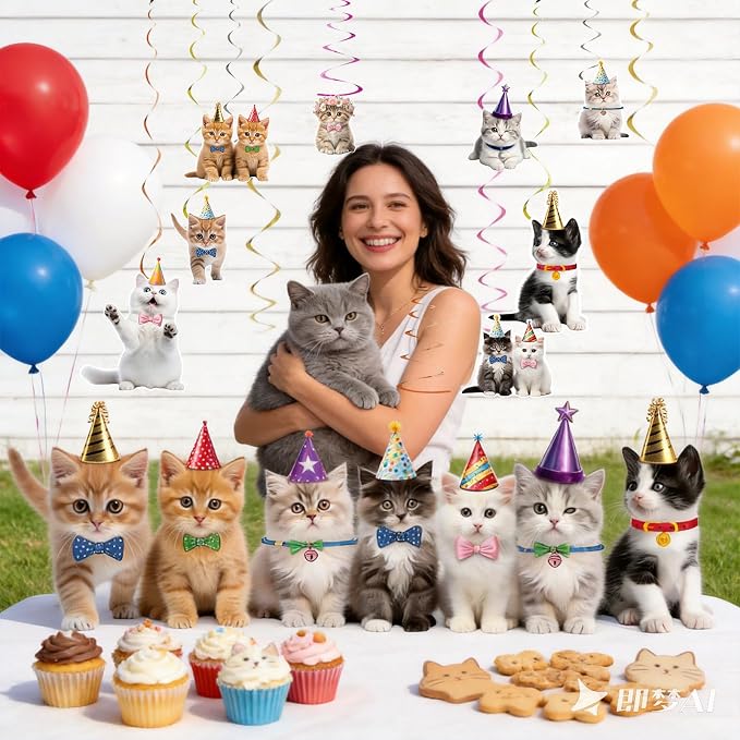 16PCS Pet Cat Hanging Paper Garland Banners,Double-Sided Thickened Cardstock Circle Dot Streamer, Anti-Tangle Pre-Strung Party Decorations for Birthday, Wedding, Baby Shower, Nursery Decor