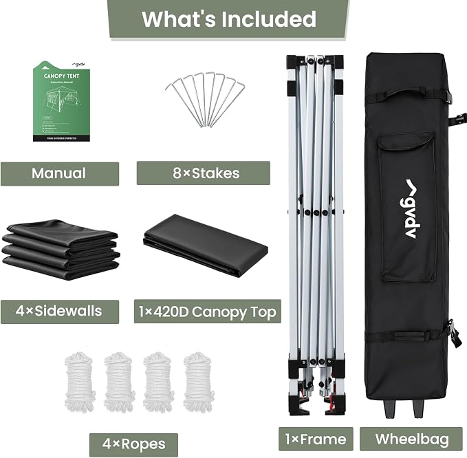 GVDV 10x10 Pop Up Canopy Tent with 4 Sidewalls, Beach Tent with One Push Setup, Outdoor Sun Shade for Events, Parties, Camping - Gazebo with Wheelbag, Black, CP23 B