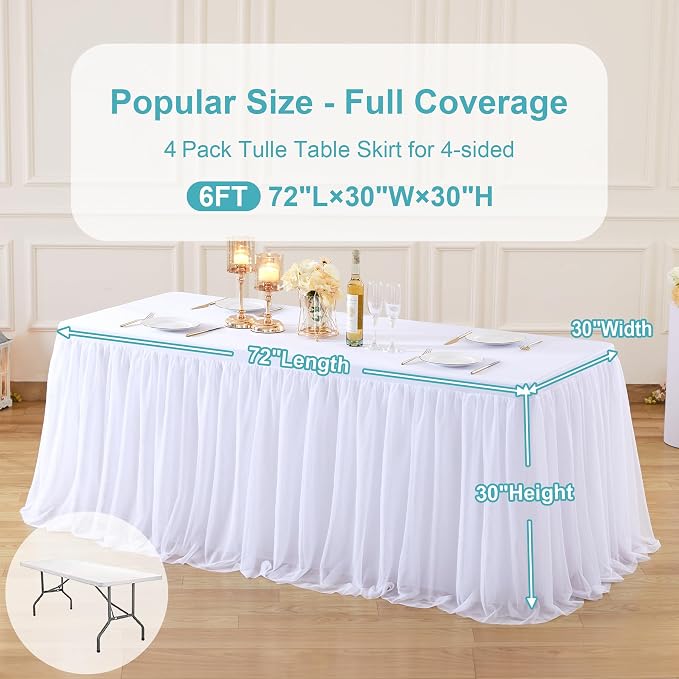 4 Pack White Tulle Tablecloth Table Skirt for 6 Foot Rectangle Tables, Wedding Table Cloths Ruffle Tutu Table Skirt Stretch Fitted Table Covers for Parties Birthdays Baby Shower Celebration Banquet