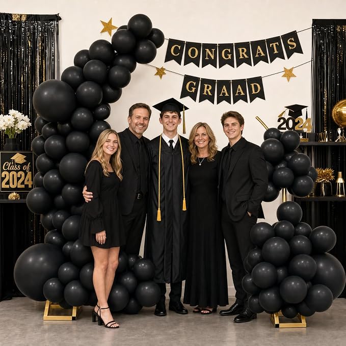 Balloon Arch Stand Kit Set with 145PCS Different Sizes Black Balloons – Metal Wedding Backdrop Frame with 8 Water Bags, Gold Semi-Open Arch for Birthday, Party Decorations Indoor Outdoor.