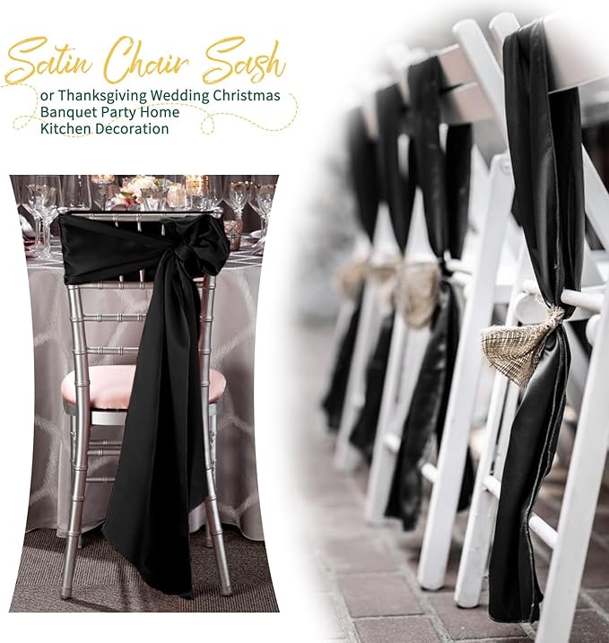 60 PCS Black Satin Chair Sashes, Ties Bows Designed Chairs Decorative, Chair Cover Sashes for Thanksgiving Wedding Christmas Banquet Party Home Kitchen Decoration (7 x 108 inch)