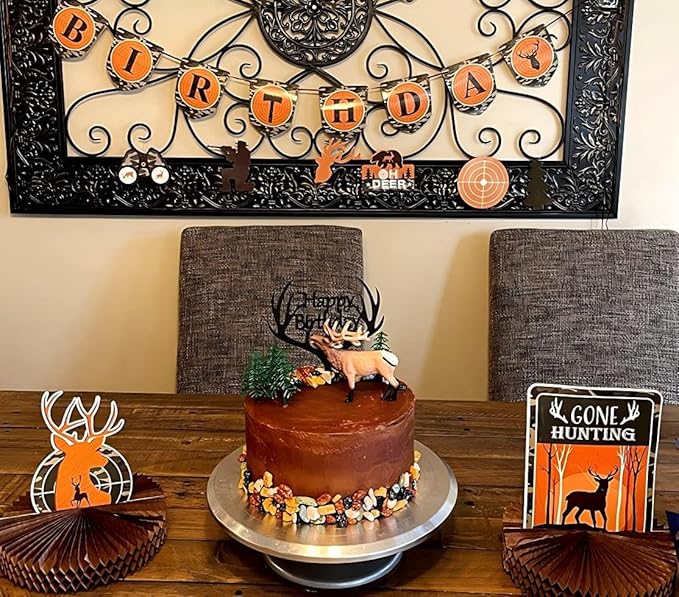 LOVENJOY Gift Boxed Antler Happy Birthday Cake Topper Black Frosted Acrylic, Hunting Birthday Cake Topper for Men Dad Hunter