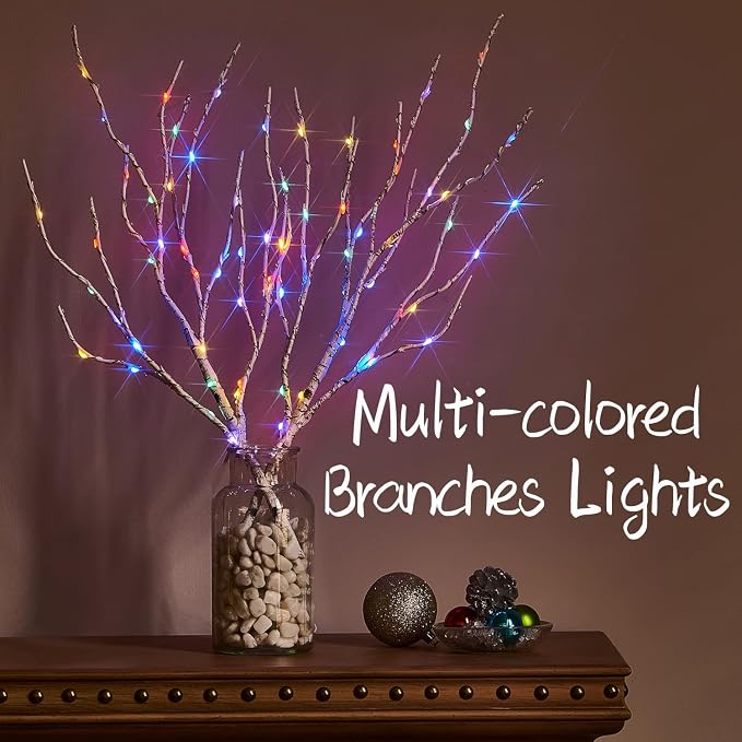 Fudios Lighted Birch Branches with 70 Multicolor LED Fairy Lights 18in Battery Operated, Lit White Twig Branches Color Changing Lights for Christmas Party Decoration