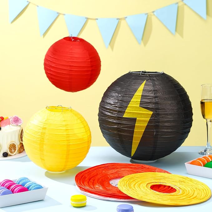 Weysat 12 Pcs Cartoon Ball Animation Themed Hanging Paper Lanterns Cartoon Game Anime Themed Red Black Yellow and White Round Lantern Decorations for Birthday Party Shower Classroom Home Decor