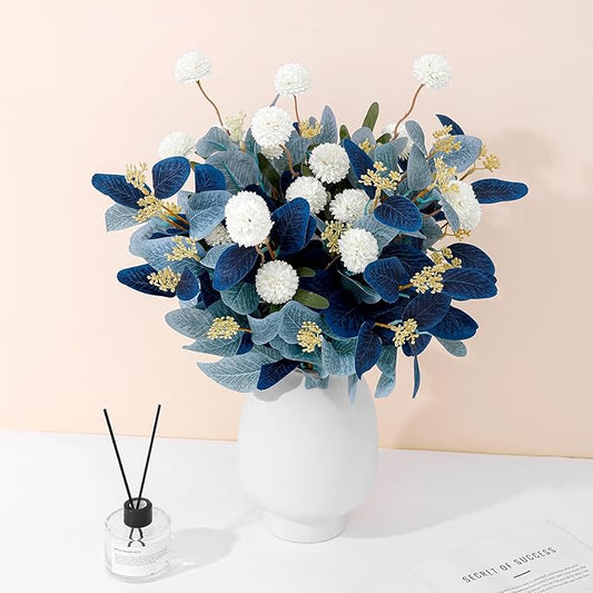 Dallisten Fake Flowers for Vase, 15 pcs Faux Silk Pompom Mum Artificial Flowers with Eucalyptus Stems, Mini Floral Long Stem Arrangements for Home Decor, Wedding, Table Centerpieces DIY Floral Designs