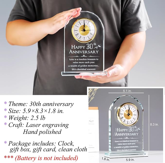 YWHL 30th Wedding Anniversary Clock Gifts for Husband Wife, 30 Years Wedding Anniversary Glass Clock Gift for Couples, Glass Keepsake for 30 Years of Marriage Home Decoration (Battery not Included)