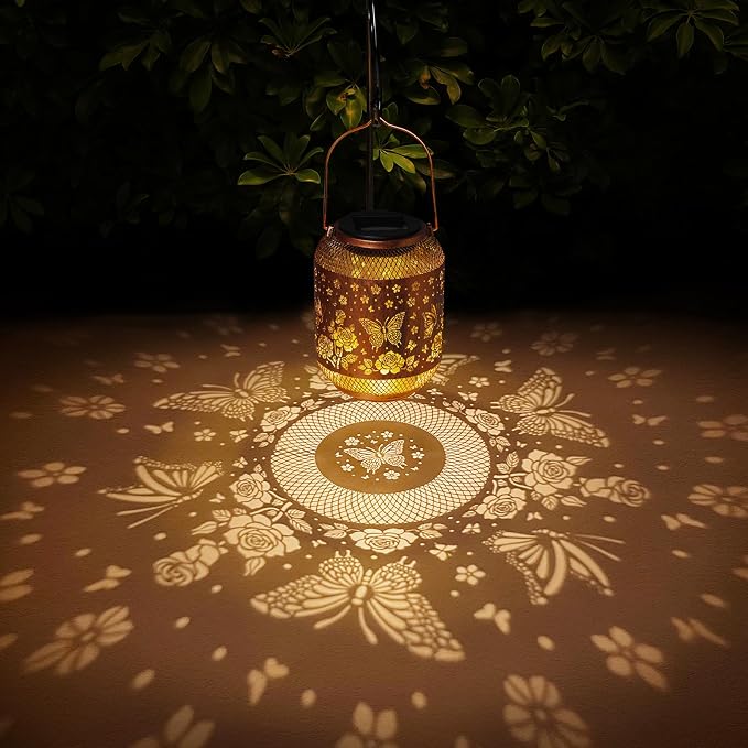 2 Pack Butterfly Solar Lanterns Outdoor Waterproof Rose Garden Decor Gifts for Mom Women Grandma Metal Hanging Solar Lights Outdoor Decoration for Patio,Yard,Porch,Backyard