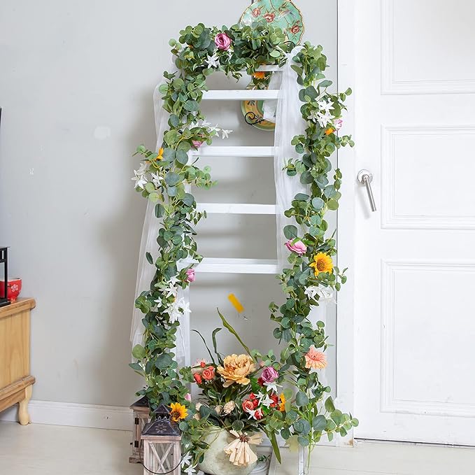 Naidiler Eucalyptus Garland with Flowers, Spring Decor for Mantle, Wedding Arch & Fireplace