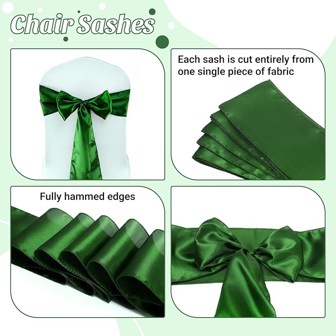 MDS Satin Chair Sashes, 125 Pack, 7”x108” Each, Decorative Chair Bows Ribbon Tie Backs for Wedding Party, Holiday Dinner, Birthday, Reception, Banquet, Hotel & Event Decoration - Green